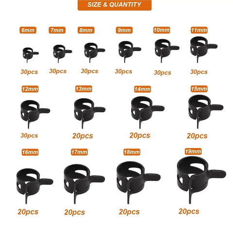 Massive 350 Piece Stainless Steel Spring Hose Clamp Kit For 6 To 19mm Hoses with size and quantity chart