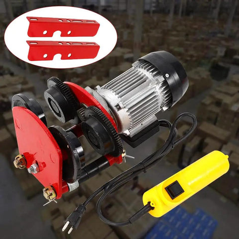 1 Ton Electric Trolley for Power Hoist 110V 200W Geared Overhead Crane with wheels and control, red steel construction.