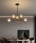 Six Light Glass Globe Sputnik Chandelier In Matte Black With Amber Shade For Kitchen Island Dining Room Living Room Modern Mid Century Pendant Lamp For Home Decor in dining room