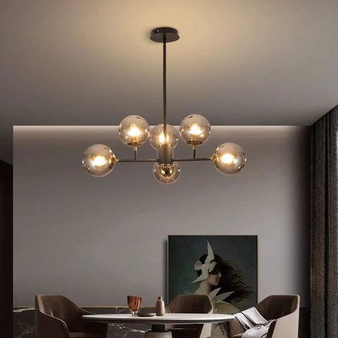 Six Light Glass Globe Sputnik Chandelier In Matte Black With Amber Shade For Kitchen Island Dining Room Living Room Modern Mid Century Pendant Lamp For Home Decor in dining room
