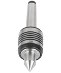 Front view of Eumtenr MT2 live center with knurled steel collar and pointed tip for lathe work