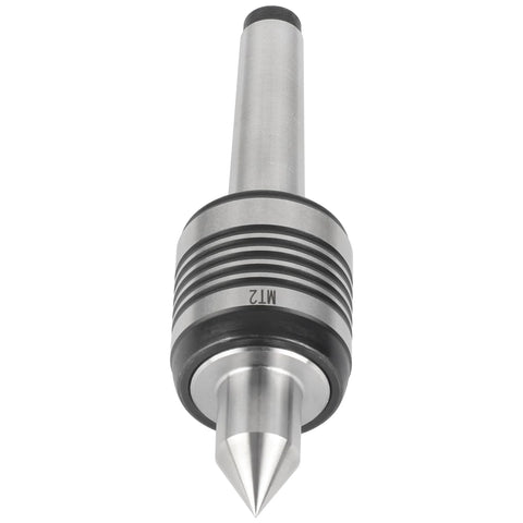 Front view of Eumtenr MT2 live center with knurled steel collar and pointed tip for lathe work