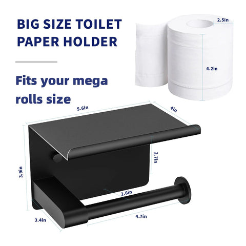 Matte Black Toilet Paper Holder With Shelf Fits Mega Rolls Self Adhesive Wall Mount Rustproof Stainless Steel Dimensions