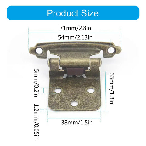 Antique Metal Cabinet Hinges Set For Overlay And Inset Doors with size details and rustic finish displayed.