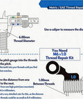 Diagram showing how to measure thread diameter and pitch using calipers, relevant for M10 X 1.25 Thread Repair Kit With Helicoil Inserts.