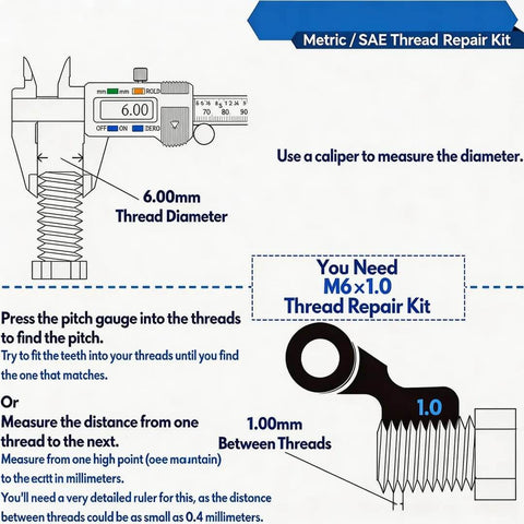 Diagram showing how to measure thread diameter and pitch using calipers, relevant for M10 X 1.25 Thread Repair Kit With Helicoil Inserts.