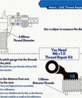 Infographic showing how to use a caliper and pitch gauge for measuring thread diameter and pitch for thread repair kits.