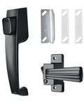 Screen And Storm Door Push Button Latch Handle Set With Night Lock, black aluminum alloy, with strike plates and install hardware