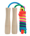 Kids Jump Rope 8.5Ft Adjustable Cotton Skipping Rope With Wooden Handle For Boys And Girls Fitness Outdoor Exercise Rainbow Color Durable Safe Build Ergonomic Non Slip Grip Jump Rope shown coiled with handles