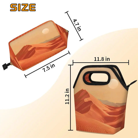 Sunset Insulated Lunch Tote Bag Portable Lunch Box with Large Capacity and desert design, showing dimensions.