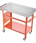 Beefy 40 By 24 Inch Welding Table With Smooth Roll Casters And Sturdy Tool Hooks 800 Lbs Heavy Duty Workbench showing pre-drilled holes and shelves.