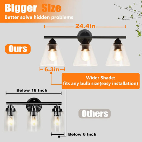 Comparison chart showing sizes of Farmhouse Modern Vanity Light Fixture Matte Black Rustic Wall Sconce For Bathroom.
