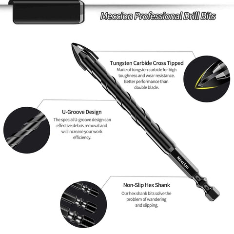 Meccion masonry drill bits set (5pc), tungsten carbide cross-tipped, 1/8 in. x 3.6 in., hex shank.