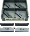 Heavy Duty Indexable Carbide Lathe Tool DGN2002J IC908 set of inserts in a gray case for precision steel turning and grooving.