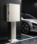 Built Like A Tank Wall Mounted EV Charger Case Weatherproof Steel Cover With Secure Mechanical Lock And Plenty Of Room For Cords Made To Survive Rough Outdoor Conditions X Large mounted beside a car.