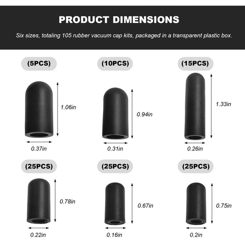 Vacuum Cap Kit For Car Repairs With 105 Piece Rubber Hose End Caps In Assorted Sizes displayed with dimensions
