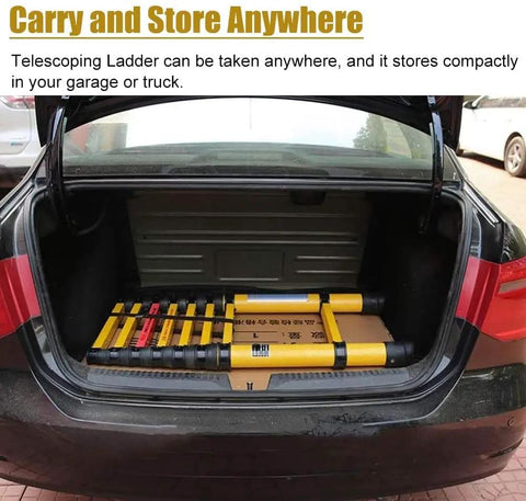 Top Shelf Fiberglass Telescoping Extension Ladder With A Secure Built In Hook And Fully Adjustable Sections stored compactly in a car trunk.