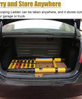 Badass Fiberglass Telescoping Ladder Adjustable Extension Step Ladder For Roof Work Smooth Scaling Design stored in car trunk.