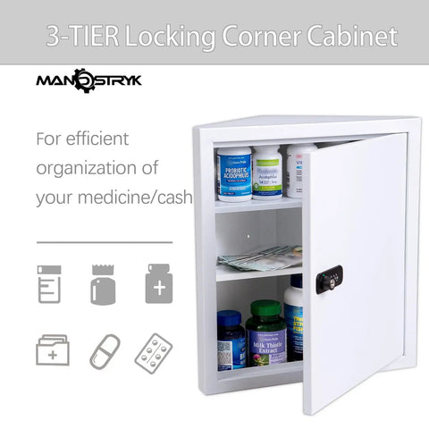 Wall Mount Medicine Cabinet With Code And Key Locks Locking Corner First Aid Cabinet Space Saving Corner Storage
