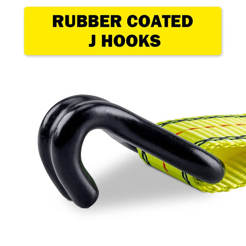 Close-up of rubber coated J hook from Heavy Duty Ratchet Straps 4 Pack 1-1/2 X 15 Ft With Coated Steel Ratchet And Double Thick Polyester Webbing