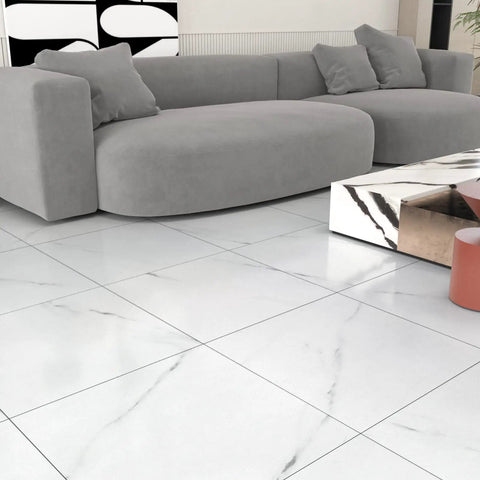 Living room with grey couch and Marble White Peel And Stick Floor Tiles 12x12 In Self Adhesive Vinyl Waterproof Flooring For Kitchen Bathroom Bedroom