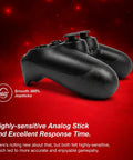 Close-up of Next Level Wireless PS4 Controller with dual vibration, motion-sensing touchpad, visible joysticks on red background.