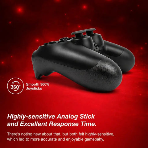 Close-up of Next Level Wireless PS4 Controller with dual vibration, motion-sensing touchpad, visible joysticks on red background.