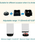 Diagram of adjustable leveling feet kit for 2 by 2 inch square tubes and desk legs, showing parts and height adjustment range.