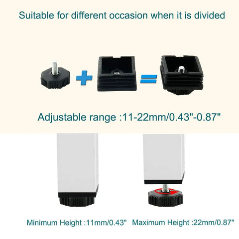 Diagram of adjustable leveling feet kit for 2 by 2 inch square tubes and desk legs, showing parts and height adjustment range.