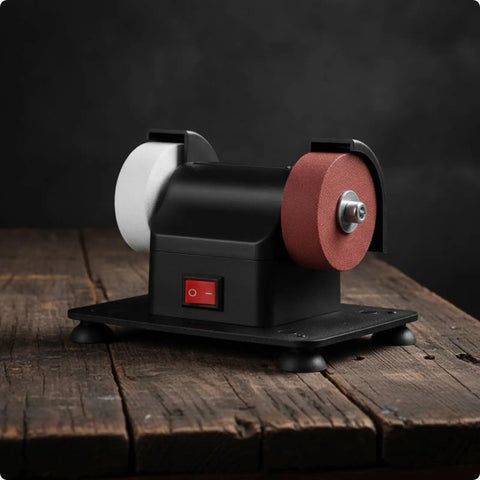 Solid Compact Corded Electric Bench Grinder Tool Polisher Cutter With Dual Wheel Setup on wooden surface, featuring black body.