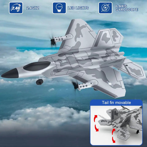 F22 Style 4 Channel RC Airplane With Xpilot Stabilization System in flight with LED lights and movable tail fin for aerobatics.