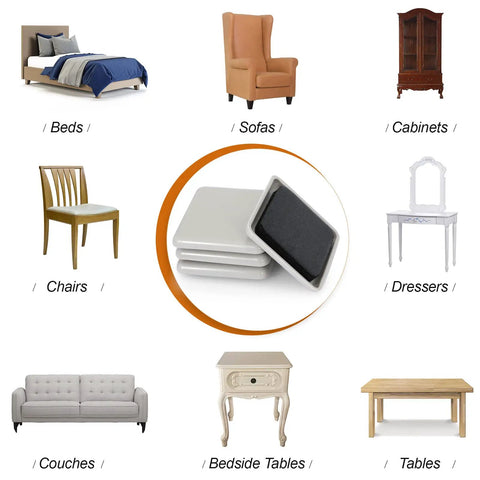 Furniture Sliders For Carpet And Hardwood Floors 16 Pack 2 Inch Square Movers with images of furniture types it can move