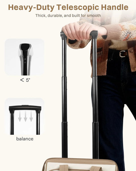Rolling puffer backpack for women with wheels; black luggage-style bag featuring telescoping handle.