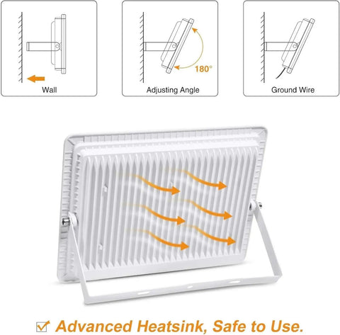 JUDYSSY Outdoor 100W Led Outdoor Flood Light with adjustable angle and heatsink design for optimal cooling.