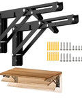 Tough As Nails Heavy Duty Folding Shelf Brackets 12 Inch Wall Mount L Brackets with included hardware and wooden shelf.