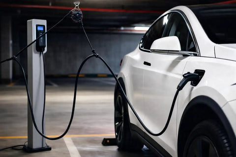 Straight Up Genius For Home EV Charging With This Overhead Retractable Cord Reel connected to a white electric vehicle in a garage.