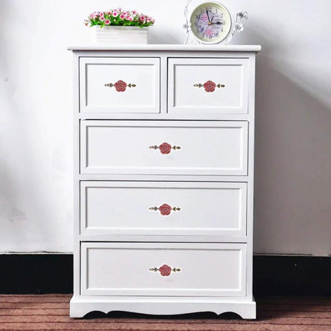 White dresser with Ceramic Rose Cabinet Knobs With Bronze Backplates In Cute Pink Vintage Flower Drawer Pull Handles installed