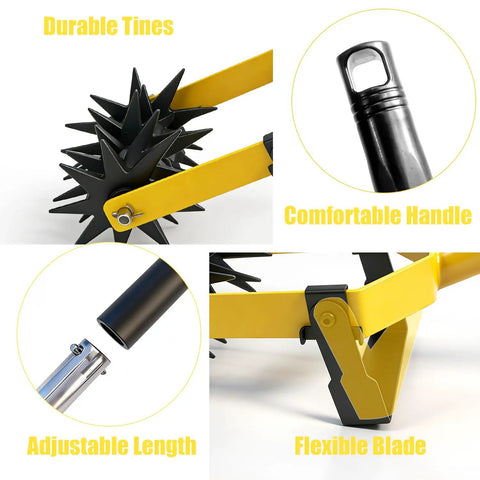 Close-up of 2 In 1 Garden Rotary Cultivator With Adjustable Handle For Loosening Soil Aerating The Lawn Reseeding Grass Weeding And Soil Mixing Manual Yard Tiller features.