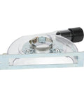 Universal Dust Shroud for 4 to 5 Inch Angle Grinders With Clear Guard, showing vacuum adapter attachment and metal frame.