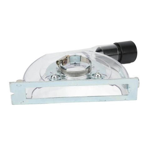 Universal Dust Shroud for 4 to 5 Inch Angle Grinders With Clear Guard, showing vacuum adapter attachment and metal frame.