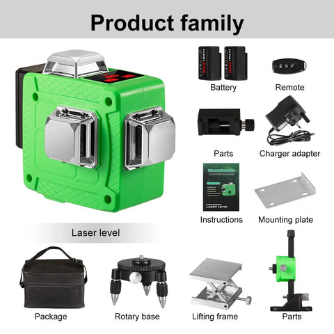 3D Laser Level With Green Laser, Self Leveling And Manual Modes with accessories including batteries, remote, and mounting tools