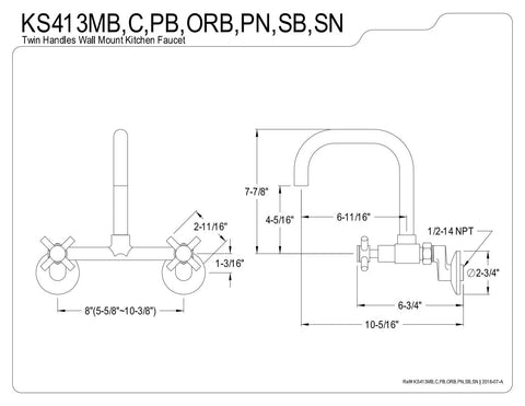 Technical drawing of an Oil Rubbed Bronze 8-Inch Adjustable Center Wall Mount Kitchen Faucet with dimensions and specifications.
