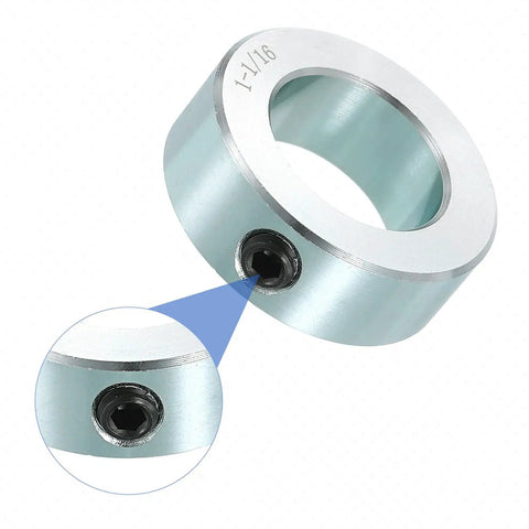 Set Screw Shaft Collars 1-1/16 Inch Bore, 1-3/4 Inch Outside Diameter, 5/8 Inch Width, Zinc Plated Carbon Steel Locking Clamp for Linear Rod Guides, Heavy-Duty Rock-Solid Positioning Spacers That Lock Down, close-up of set screw