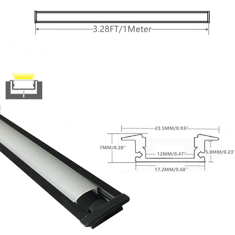 Diagram and close-up of 10 Pack 3.3ft LED Aluminum Channel Diffuser Kit With Milky Cover For Under Cabinet Lighting Shelves And Alcoves In Matte Black Anodized Track 25x7mm Concave Slot Profile DIY Friendly Easy Install