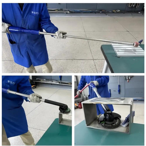 Slick 11.8 Inch Extension Air Die Grinder with 6mm and 12mm collets being used on metal for polishing and deburring.