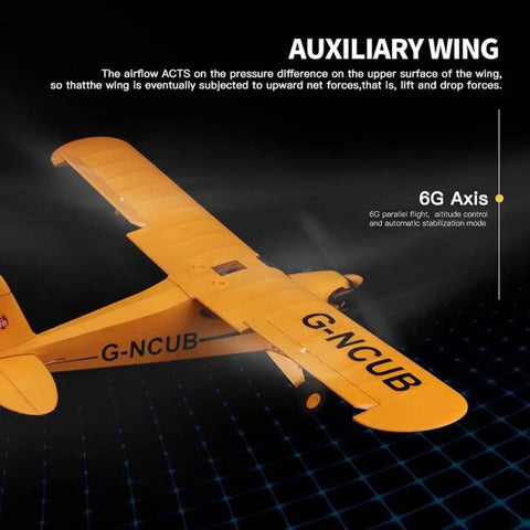 Upgrade 5 Channel RC Plane With 3D And 6G Gyro J3 Cub Style Airplane For Adults, 1406 Brushless Motor Outdoor Stunt RC Glider, Yellow, wing detail.
