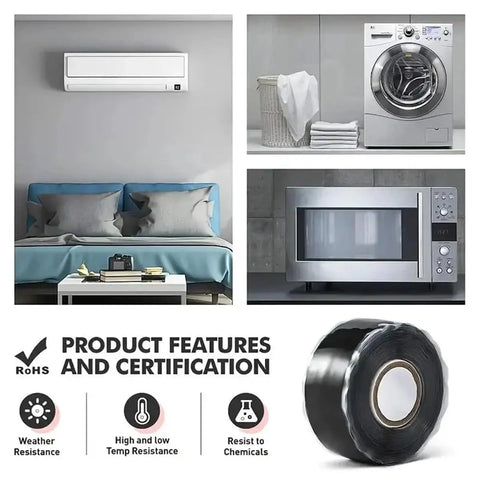 Self Fusing Silicone Tape 16.4ft Waterproof Heat Resistant Repair Tape in black roll beside appliances and feature icons.