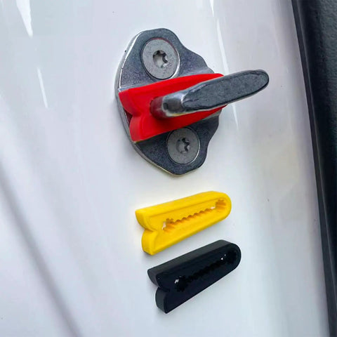 Silicone Car Door Damper Pads 12 Pack Slams Free Sound Deadening Buffers on door latch with red, yellow, and black seals.