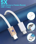 Close-up of nylon braided USB-C to USB-C cable, featuring metal shell and durability details for Two Pack Dual Port USB C Fast Car Charger