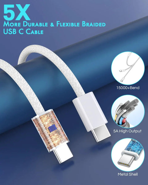 Close-up of nylon braided USB-C to USB-C cable, featuring metal shell and durability details for Two Pack Dual Port USB C Fast Car Charger